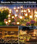 Two Pack Solar Garden Lights With 12 LED Firefly Lights, swaying glow on patio and garden, stainless steel poles, floral background