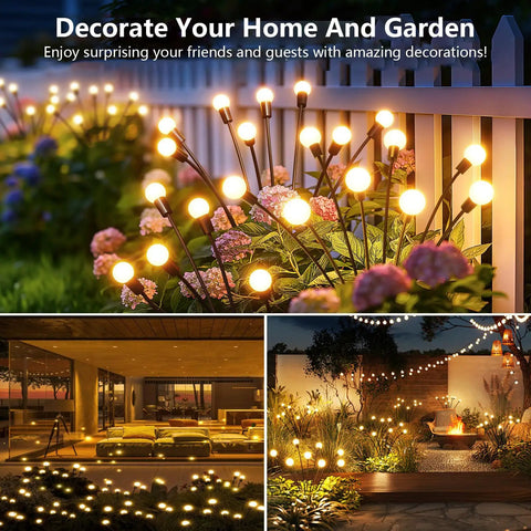 Two Pack Solar Garden Lights With 12 LED Firefly Lights, swaying glow on patio and garden, stainless steel poles, floral background