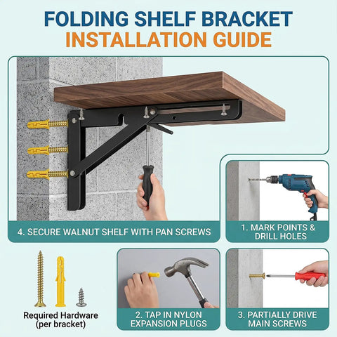 Installation guide for Two Pack 16 Inch Folding Shelf Brackets Heavy Duty Beefy Collapsible Shelving Brackets With Screws Wall Mounted