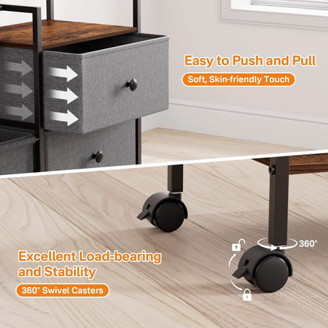 Close-up of Three Tier Rolling Diaper Caddy Organizer with dividers, drawers, and wheels, showing soft-touch drawers and 360-degree swivel wheels.