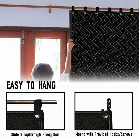 Heavy Duty Sound Dampening Blankets For Home Studio Delivering Hella Effective Noise Blocking Acoustic Coverage mounted on a rod.