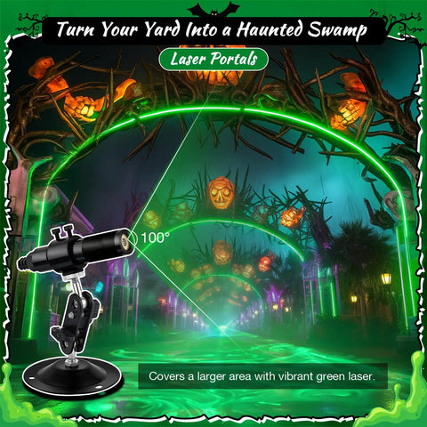 Green Laser Line Projector For Halloween Party And Haunted Yard Swamp Scene, Pairs With Fog Machines To Cast Eerie Neon Green Beams Through Low Ground Fog For Spooky Vibe Atmosphere, Class II Safety, Sub 1mW Power mounted on black base