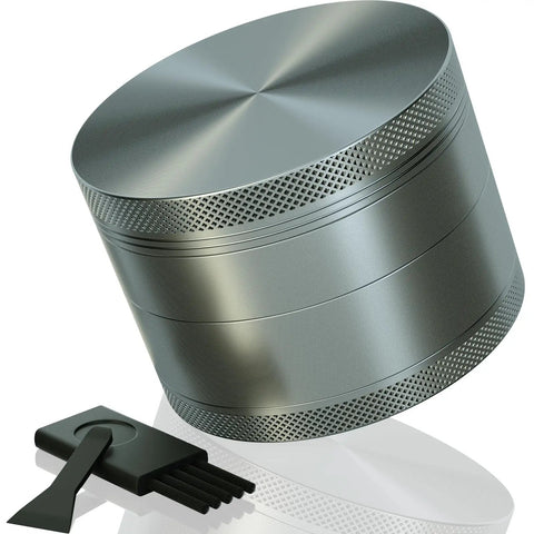 3.0 Inch Gripper Grinder Aluminum Spice Crusher with Magnetic Lid, shown in grey, includes brush for cleaning