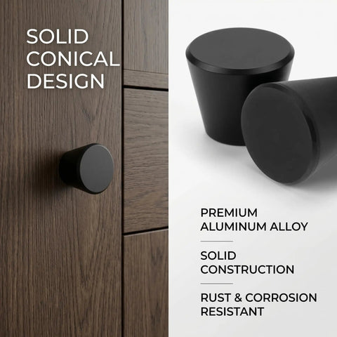 Built Tough Black Round Cabinet Knobs Package Of Six Heavy Duty Aluminum Dresser Handles on a drawer, showing smooth conical design.