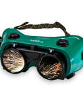 Flip Up Welding Goggles Pro Grade Anti Fog Shade 5 IR Safety Glasses with sparks reflection, green frame, adjustable strap.