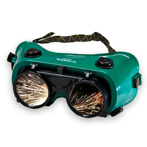 Flip Up Welding Goggles Pro Grade Anti Fog Shade 5 IR Safety Glasses with sparks reflection, green frame, adjustable strap.