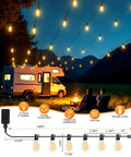 200 Ft LED Outdoor String Lights With Remote 74 Plus 2 Shatterproof Bulbs Dimmable Timer And 3 Modes Over Campfire Scene