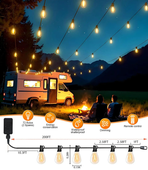 200 Ft LED Outdoor String Lights With Remote 74 Plus 2 Shatterproof Bulbs Dimmable Timer And 3 Modes Over Campfire Scene