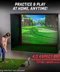 Man using 10 By 8 Foot Golf Simulator Enclosure Net With Frame And HD Impact Screen Kit in home setting, low rebound surface visible.