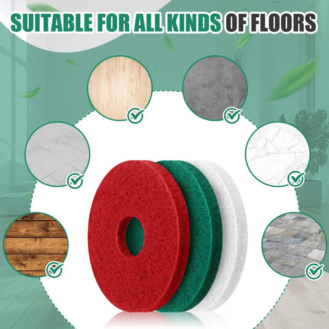 Three Pack 20 Inch Cleaning Orbiter Pads For Commercial Floor Buffing Scrubbing Polishing And Stripping On Hardwood Surfaces Red Green White Set For Orbiter Machine, shown with floor types