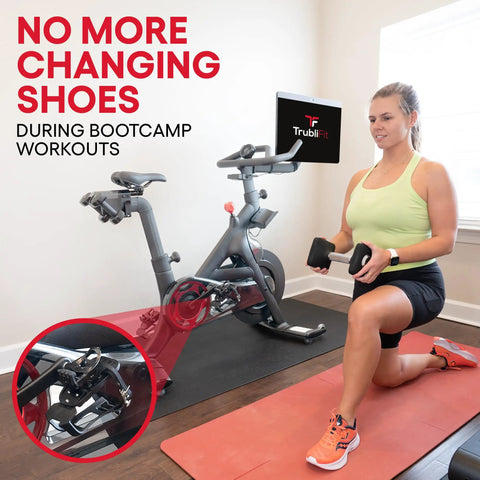 Dual Function Toe Cages For Peloton Pedals So You Can Roll In Sneakers Or Peloton Shoes And Switch Between Regular Shoes And Cycling Shoes Fits All Peloton Bikes And Bike Plus with woman exercising