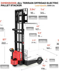 Dimensions of Heavy Duty Electric Pallet Stacker and Badass Off Road Workhorse That Flexes Hard Material Moves On Any Job Site.