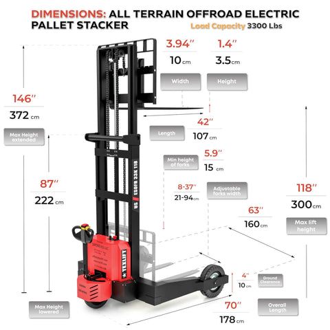 Dimensions of Heavy Duty Electric Pallet Stacker and Badass Off Road Workhorse That Flexes Hard Material Moves On Any Job Site.