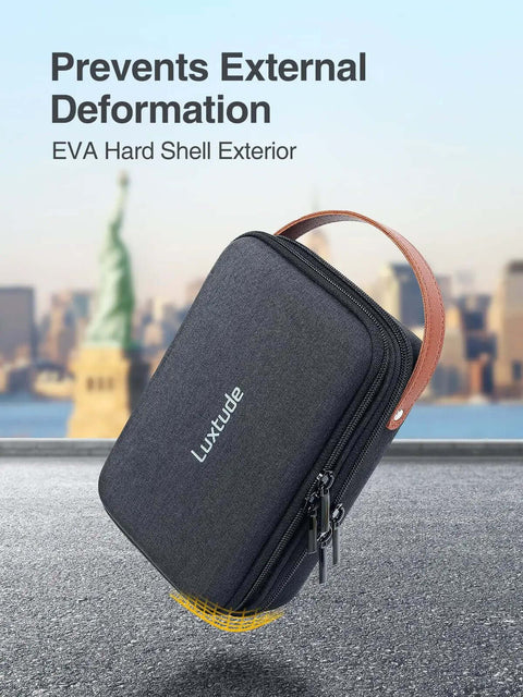 Road Ready Double Layer Tech Organizer Case With Reinforced Hard Shell Design, black EVA exterior and leather handle for portable cable storage.