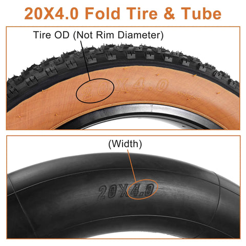 Close-up of Two Pack 20x4.0 Fat Bike Tires And Tubes Puncture Resistant Folding Tire Sets 102406 with sidewalls and tread details