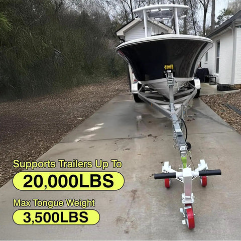Heavy Duty Trailer Tug Man Moves Rv And Boat Trailers Up To 20K Lbs Capacity With 3500 Lb Tongue Weight Max, shown with boat on trailer.