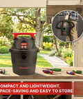 Compact Wet Dry Vacuum With 2 Point Zero Peak Hp Motor And 1 Point Five Gallon Bucket on a garage workbench for easy spills cleanup.