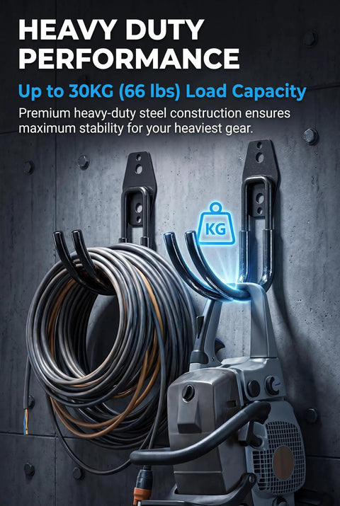 Built Like A Tank 2 Pack EV Charger Holder Wall Mount, Heavy Duty Steel Cable Organizer J Hook with cables on wall.