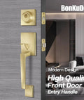 Satin Brass Entry Door Handle Set With Square Backplate, Single Cylinder Deadbolt, visible on a gray door, modern interior background