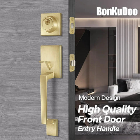 Satin Brass Entry Door Handle Set With Square Backplate, Single Cylinder Deadbolt, visible on a gray door, modern interior background