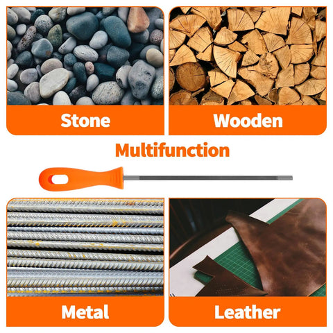 Multifunction file showing sharpening uses on stone, wood, metal, and leather with plastic handle in center.