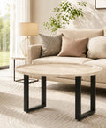 Coffee table with Heavy Duty 16 Inch Metal Bench Legs Set Of 2, U-shaped supports, light wood top, in a modern living room.