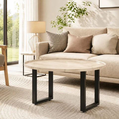 Coffee table with Heavy Duty 16 Inch Metal Bench Legs Set Of 2, U-shaped supports, light wood top, in a modern living room.