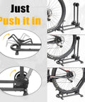Foldable Bike Stand Floor Rack For MTB And Road Bikes With Quick Fold Design Durable Portable Garage Storage Fits Up To Two Point Four Inch Tire Width Easy Push In Front Holder Sturdy Bike Parking Rack showing multiple views and push-in mechanism.