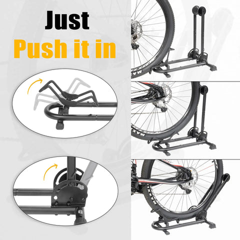 Foldable Bike Stand Floor Rack For MTB And Road Bikes With Quick Fold Design Durable Portable Garage Storage Fits Up To Two Point Four Inch Tire Width Easy Push In Front Holder Sturdy Bike Parking Rack showing multiple views and push-in mechanism.