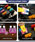 306 Piece Heavy Duty Car Fuses Assortment Kit featuring installation steps for replacing standard and mini blade fuses.
