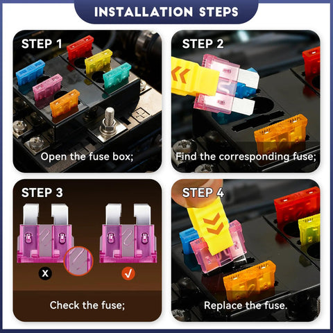 306 Piece Heavy Duty Car Fuses Assortment Kit featuring installation steps for replacing standard and mini blade fuses.