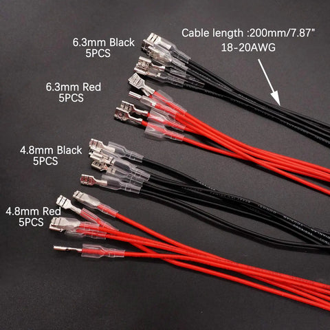 20Pcs 4.8mm And 6.3mm Female Spade Crimp Terminals With Tin Plated Red Copper Insulating Sleeves Red And Black Quick Splice Assortment Kit For Pro DIY Automotive Electrical Wiring cables and terminals on black background.