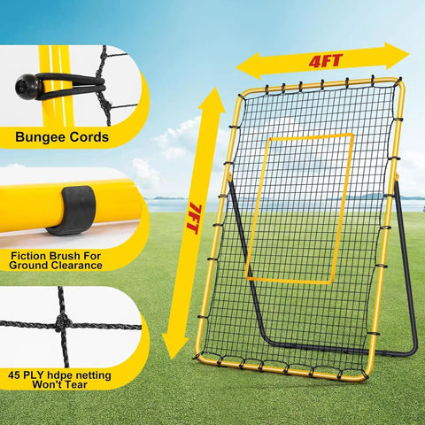 Volleyball Rebounder Net 7x4 Ft With Five Angle Adjustments for outdoor or backyard training, showing rebounder features and size.