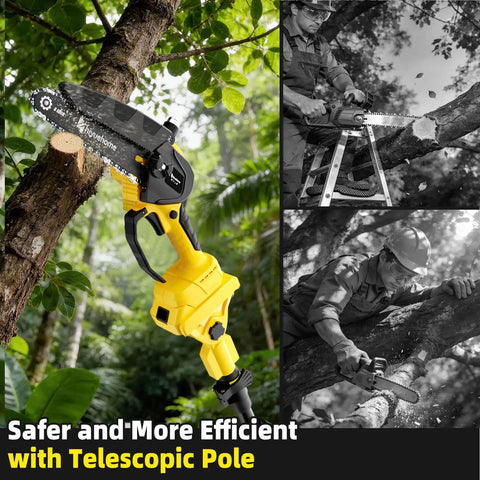 Cordless Pole Saw 4-In-1 With Dual 6-Inch And 8-Inch Bars, 180 Degree Rotatable, Brushless Motor in forest setting
