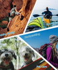 Collage of outdoor activities: rock climbing, kayaking, backpacking, and pet care with two dogs, highlighting diverse outdoor adventures.