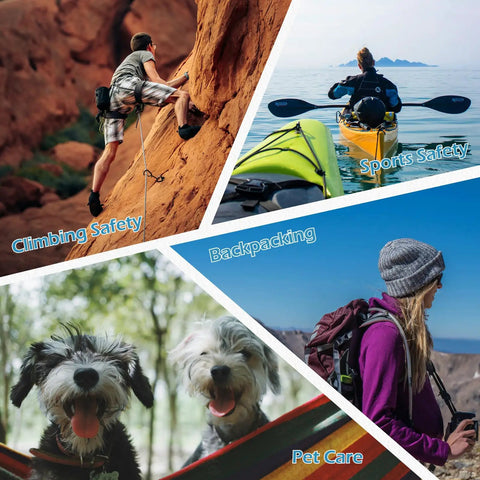 Collage of outdoor activities: rock climbing, kayaking, backpacking, and pet care with two dogs, highlighting diverse outdoor adventures.