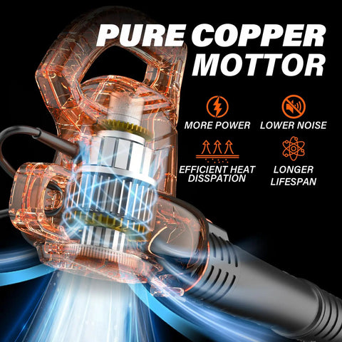 Close-up of Powerful 7 Amp Corded Electric Leaf Blower With Instant Start Delivers Up To 155 MPH And 350 CFM Ultra Lightweight