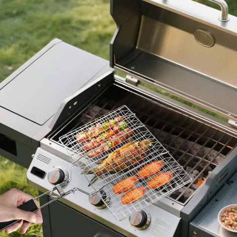 Foldable Stainless Steel Fish Grill Basket For Grillin Veggies Shrimp And Meat Portable BBQ Rack With Detachable Handle in use