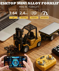 Mini 1:64 Scale Remote Control Liftable Forklift Toy with all metal die cast body, shown with remote control and trailer on a desk