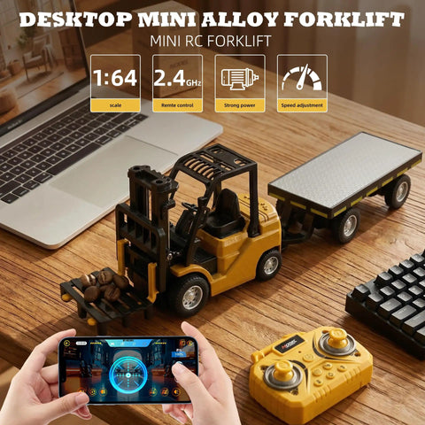Mini 1:64 Scale Remote Control Liftable Forklift Toy with all metal die cast body, shown with remote control and trailer on a desk