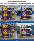 Rock Solid Wire Harness Hanging Rack With Adjustable Cable Roll Storage And Portable Shop Organizer Featuring Shop Tough Steel Frame, showcasing cable management in factory settings.