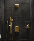 Brushed Gold Round Drop Ell Handheld Shower Wall Connector For One Half Inch IPS in modern black tiled bathroom shower