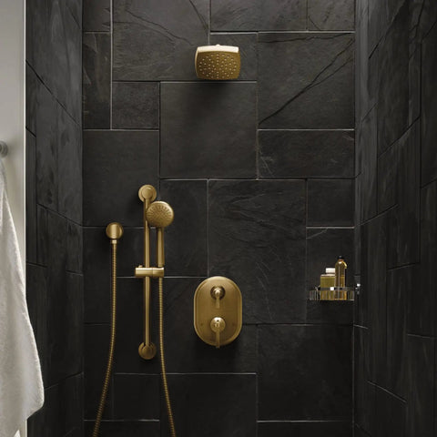 Brushed Gold Round Drop Ell Handheld Shower Wall Connector For One Half Inch IPS in modern black tiled bathroom shower