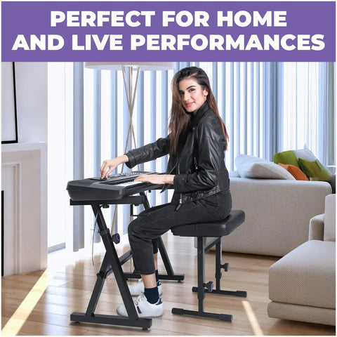 Heavy Duty Portable Keyboard Stand And Adjustable Bench Set For 54 To 88 Key Pianos And Digital Keyboards in home setting