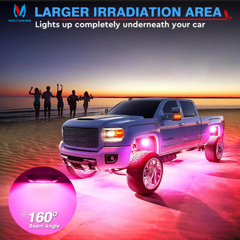 Curved RGBW LED Rock Lights Kit With 12 Pods Underglow Multicolor Neon Lighting on SUV at sunset on beach
