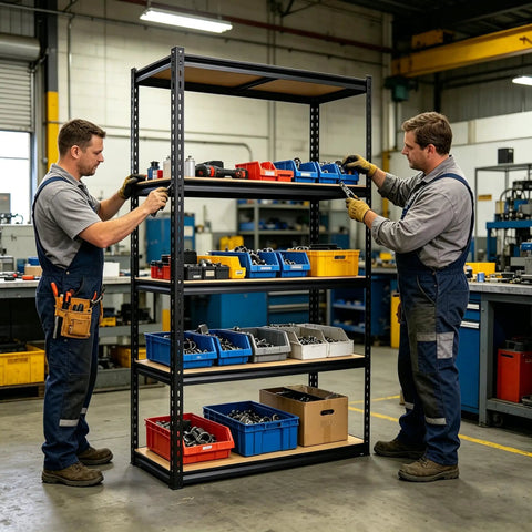 Top Shelf Heavy Duty Five Tier Garage Storage Rack With Adjustable Steel Uprights And Durable MDF Boards Delivering Two Thousand Pounds For Workshop Gear And Essentials organized with bins and tools in a workshop.