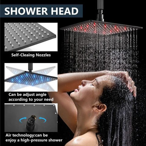 Top Shelf Ceiling Shower Faucet Set Featuring Handheld Sprayer And 12 Inch Led Rainfall Head Slick Matte Black Finish Solid Stainless Steel Build With Brass Valve For Heavy Duty Bathroom Upgrades