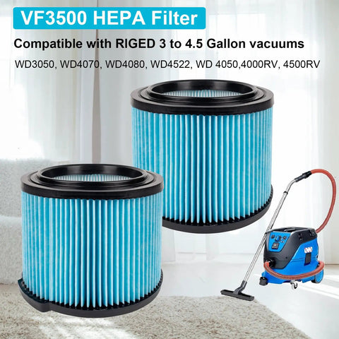 Two VF3500 HEPA Vacuum Filter Replacement For 3 To 4.5 Gallon Wet Dry Shop Vacuums with vacuum cleaner in background.
