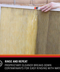 HVAC Filter Cleaner And Refresher Spray 32 Ounce Bottle That Restores Home Air Filter Performance, showing a partially cleaned filter
