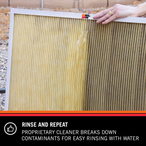 HVAC Filter Cleaner And Refresher Spray 32 Ounce Bottle That Restores Home Air Filter Performance, showing a partially cleaned filter